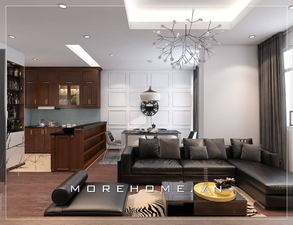 Không gian phòng bếp chung cư được thiết kế hiện đại, nội thất gỗ tự nhiên tone màu nâu thể hiện sự tinh tế, ấm cúng và sang trọng